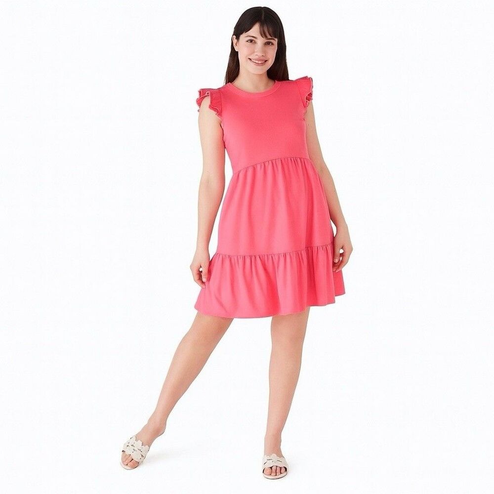 Kate Spade Dress LARGE Trapeze Knit Deep Dahlia‎ Pink Ruffle Tiered Cotton K7675